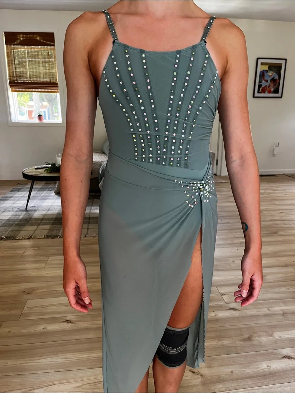 Elegant Sage Green Embellished Spaghetti lyrical costume with attached skirt